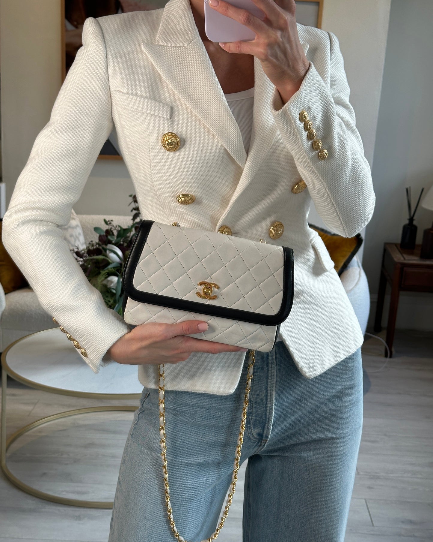 Chanel White, Black Trim Matelasse Cross-Body Bag in Lambskin Leather with Gold Hardware