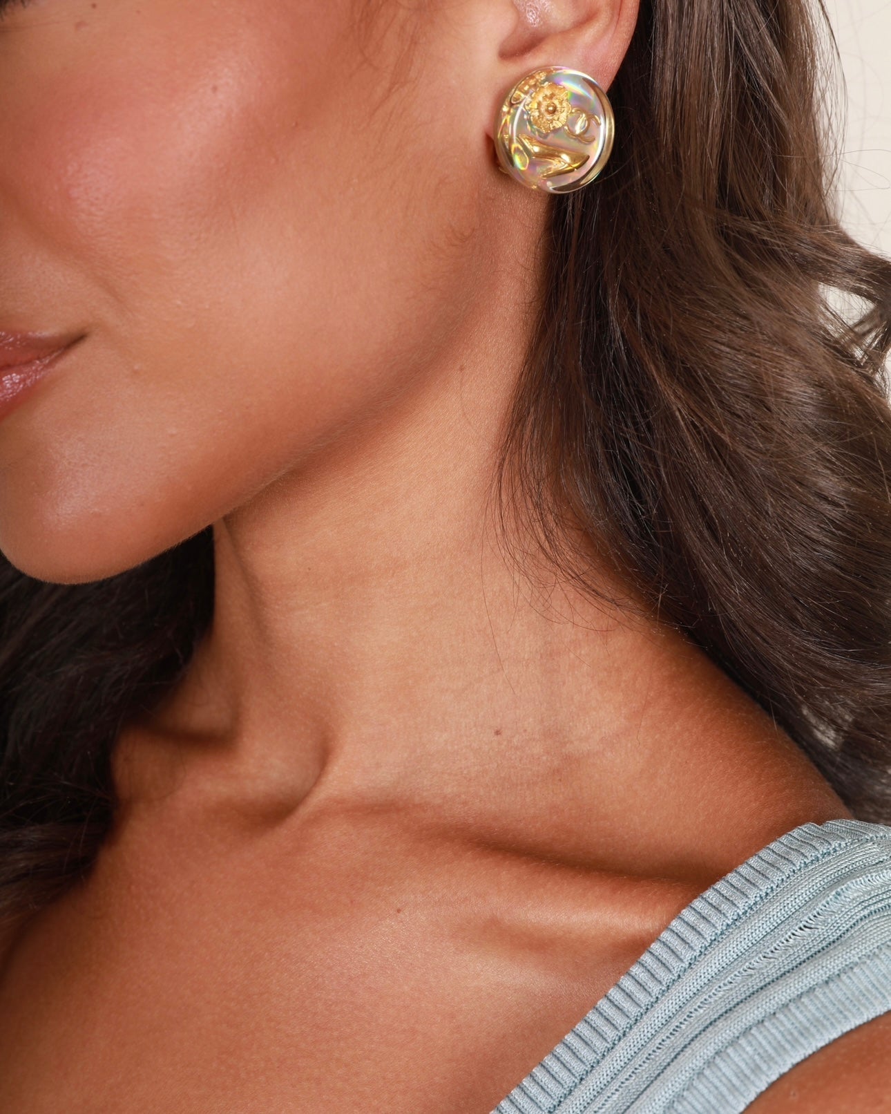 Chanel Round Iridescent with Gold CC Logo, Caméila & Shoe Detail Clip-On Earrings
