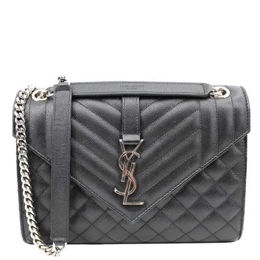 YSL Saint Laurent Yves Envelope Mix Shoulder Bag Leather Matelasse Black