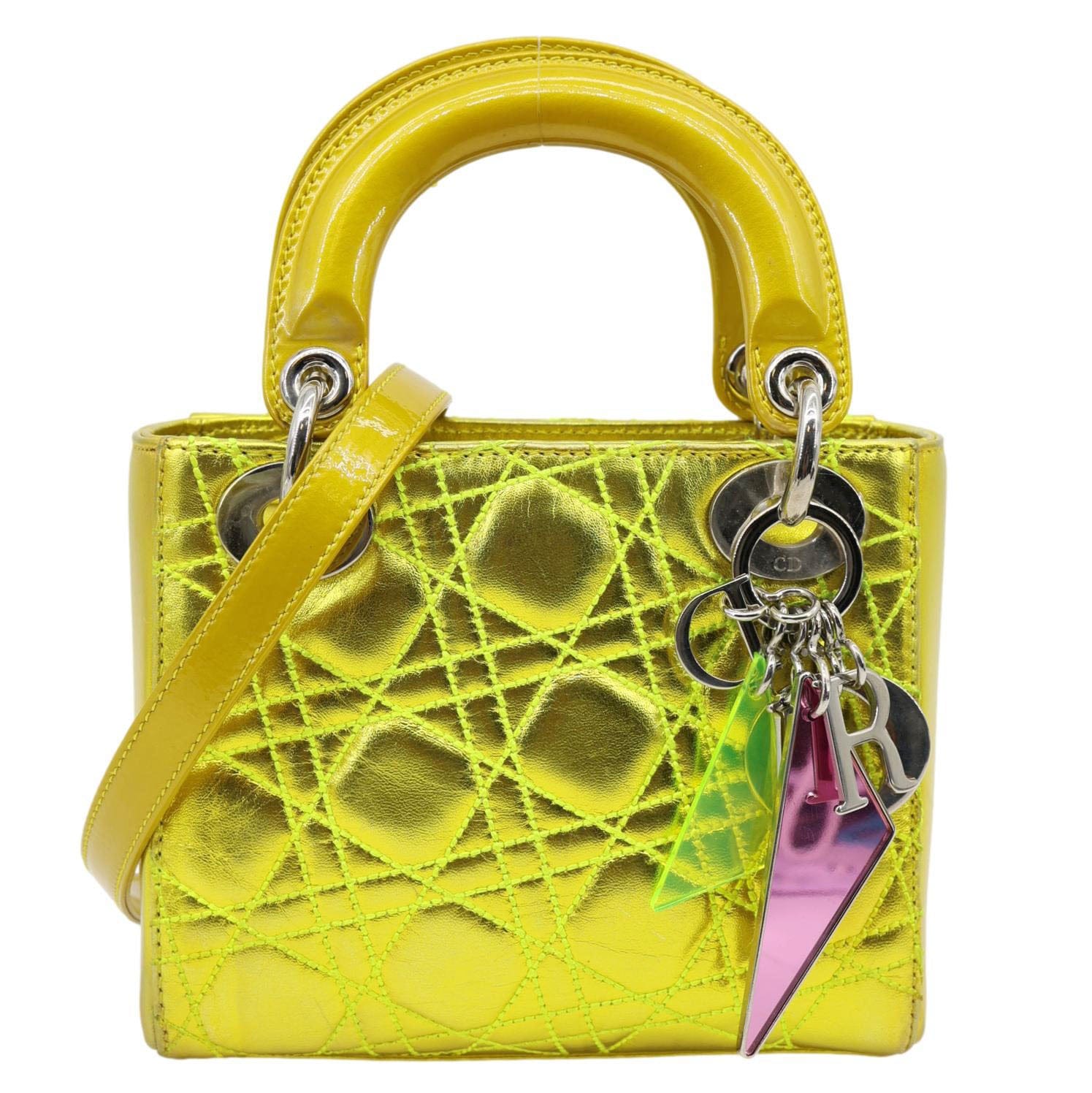 Dior Shoulder Bag Lady Metallic Neon Leather Yellow Mini