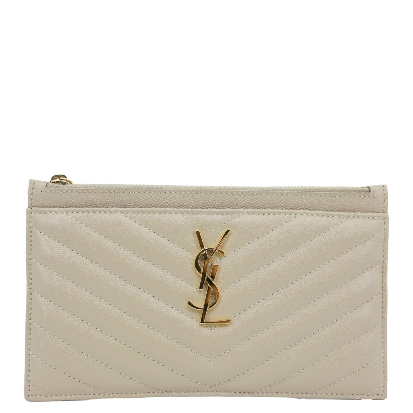 YSL Saint Laurent Yves Bill Grain De Poudre Chevron Pouch Handbag Leather Monogram Beige Travel Bag