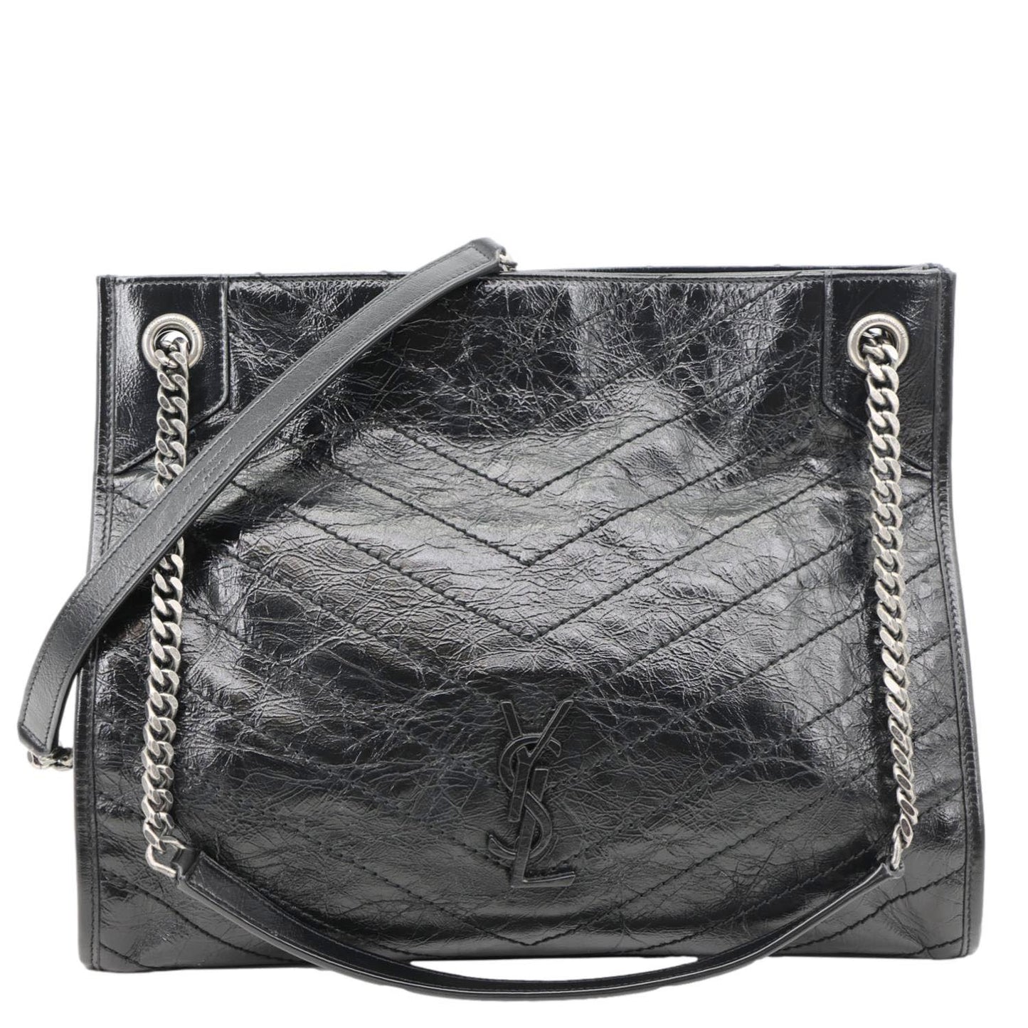 YSL Saint Laurent Yves Niki Crinkle Shopper Tote Bag Leather Black