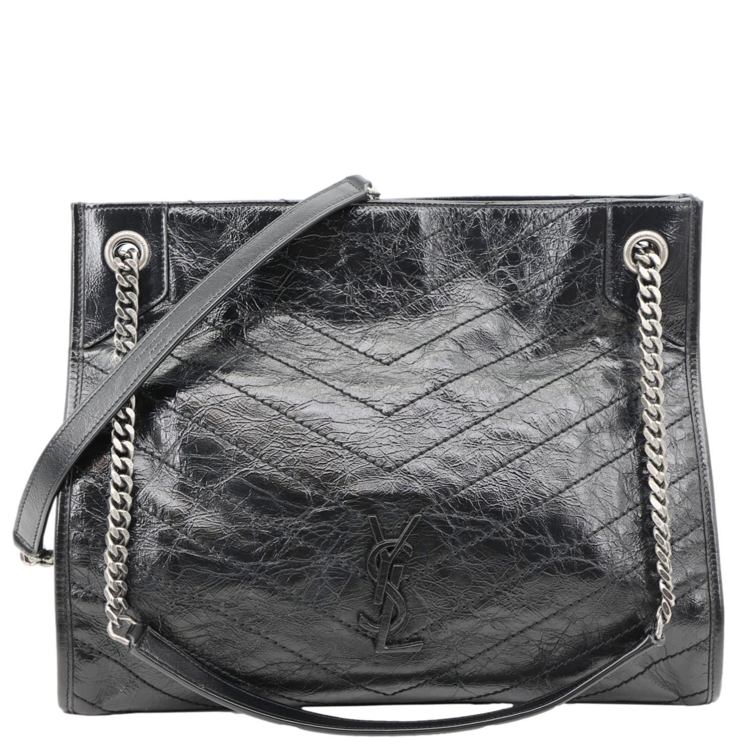 YSL Saint Laurent Yves Niki Crinkle Shopper Tote Bag Leather Black