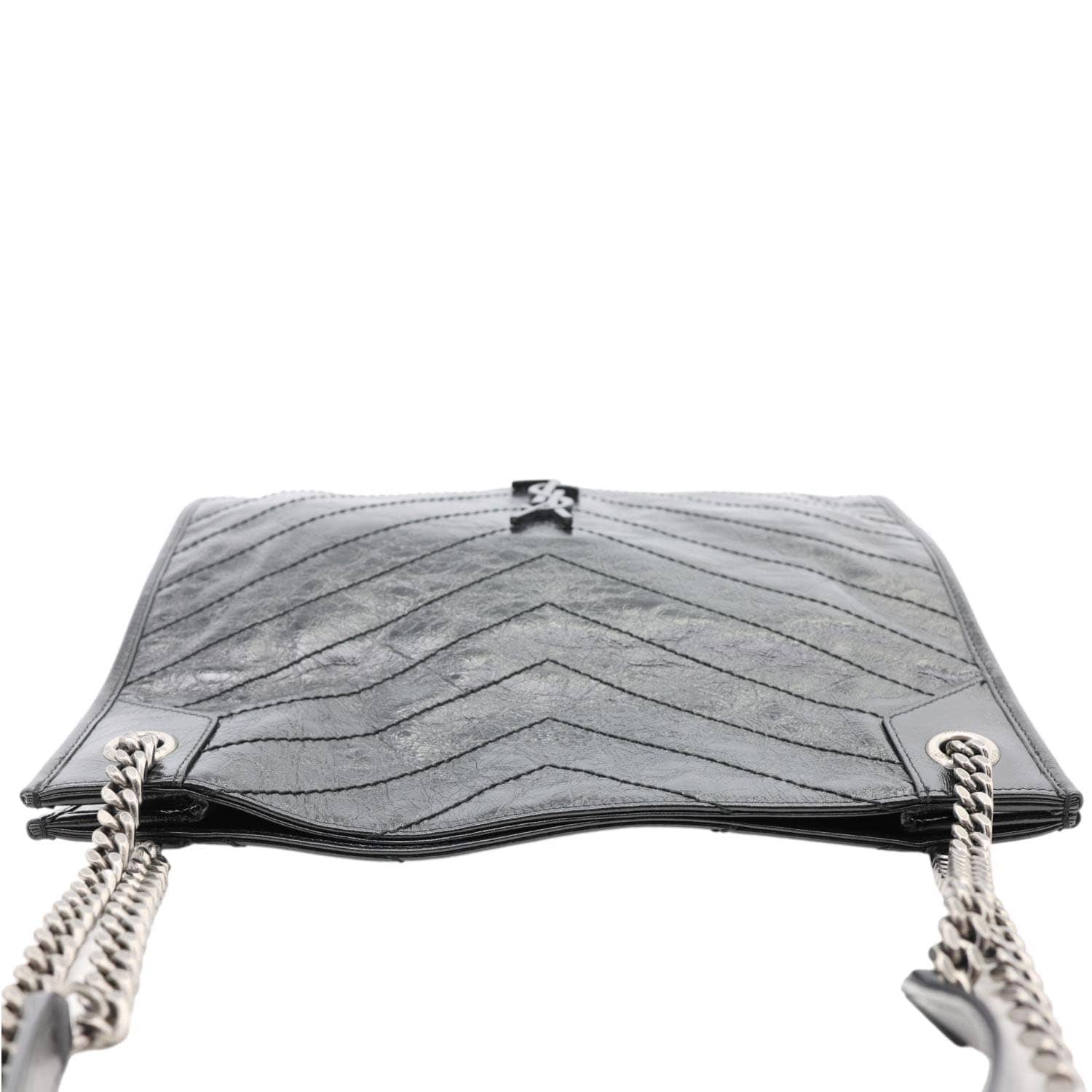 YSL Saint Laurent Yves Niki Crinkle Shopper Tote Bag Leather Black