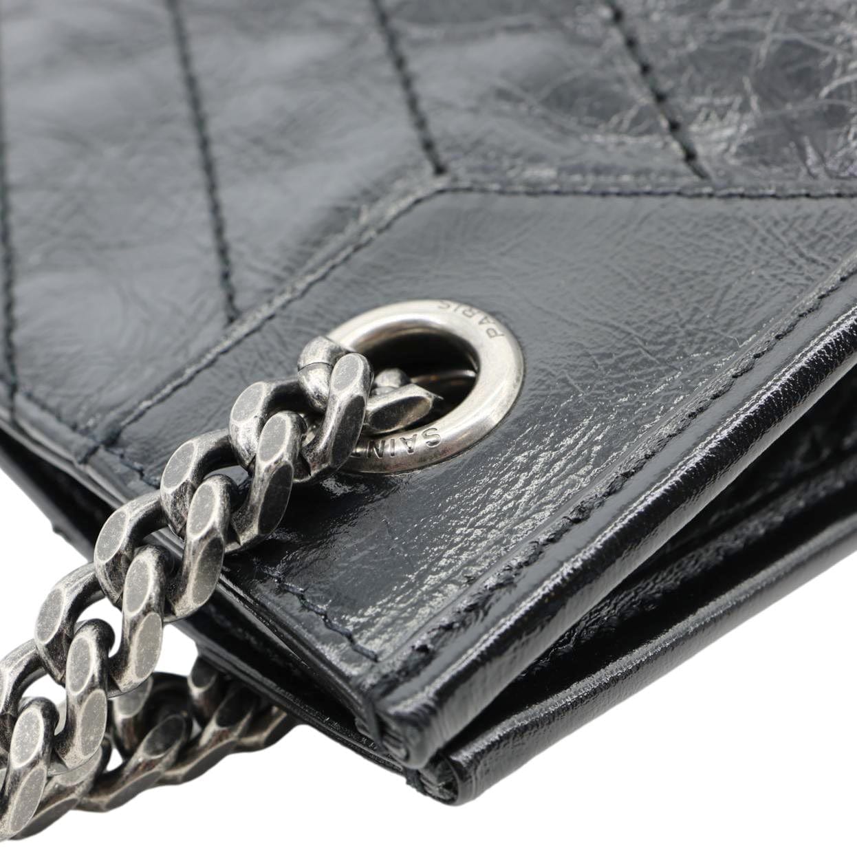 YSL Saint Laurent Yves Niki Crinkle Shopper Tote Bag Leather Black