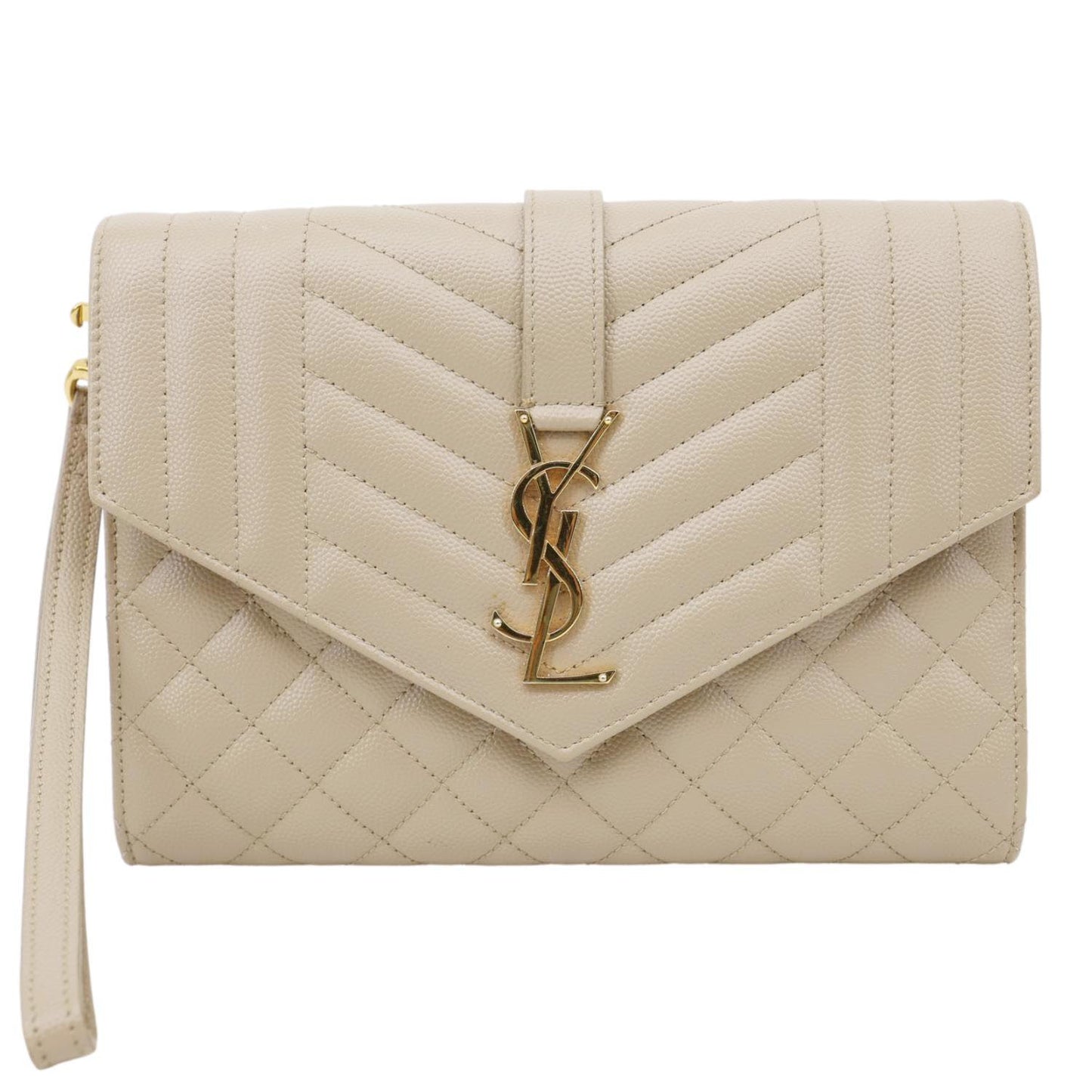 YSL Saint Laurent Yves Envelope Grain De Poudre Clutch Leather Monogram Beige Clutch Bag