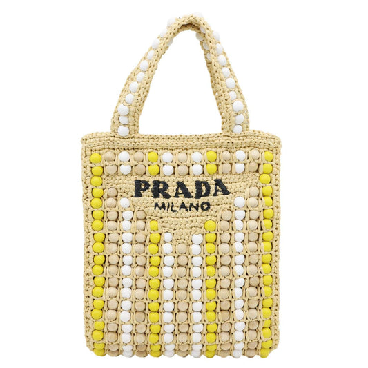 Prada Tote Bag Wood Bead Raffia Multicolor Logo