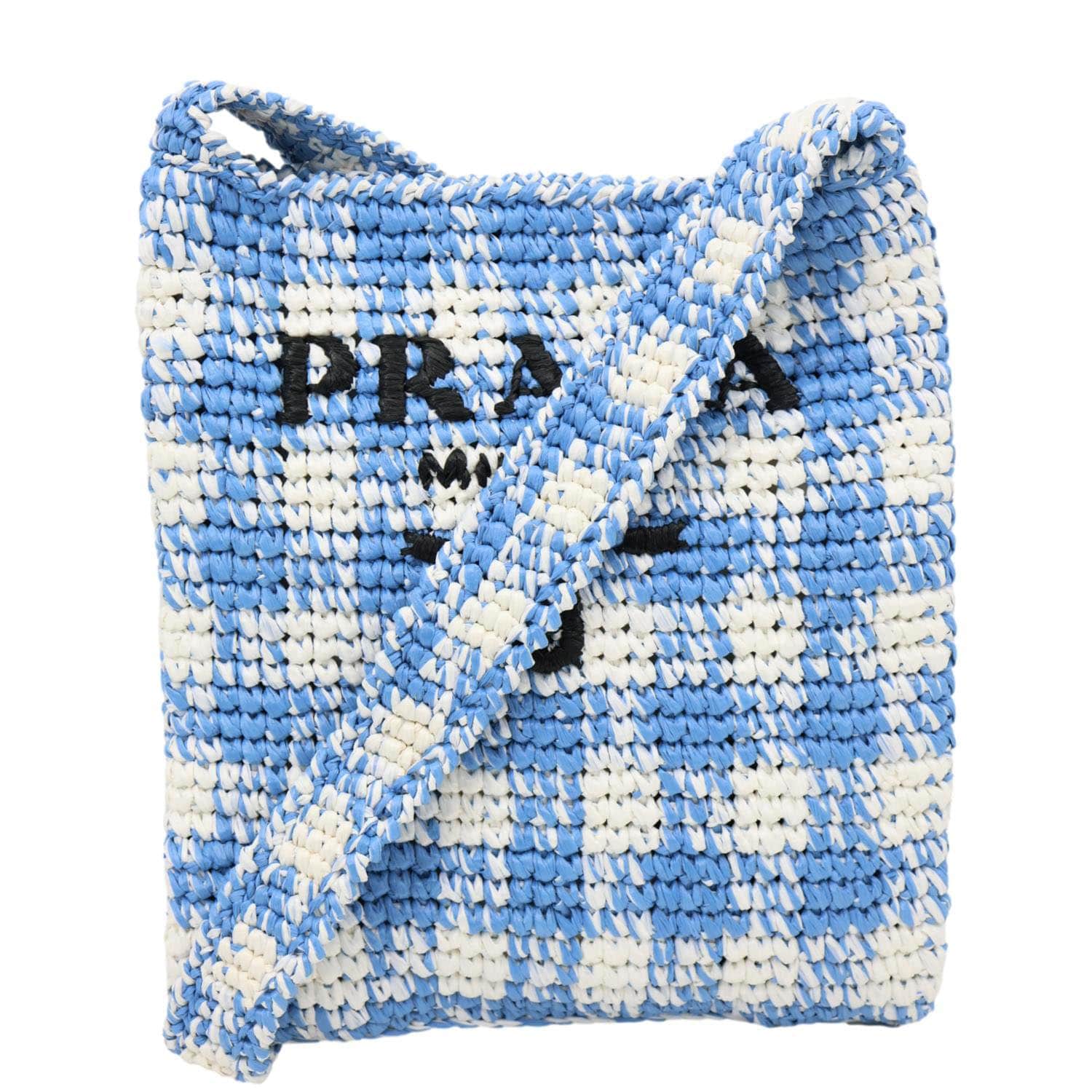 Prada Tote Bag Yarn Crochet Blue Multicolor Logo