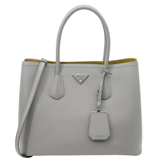 Prada Tote Bag Double Handle Grey Leather Saffiano Gray