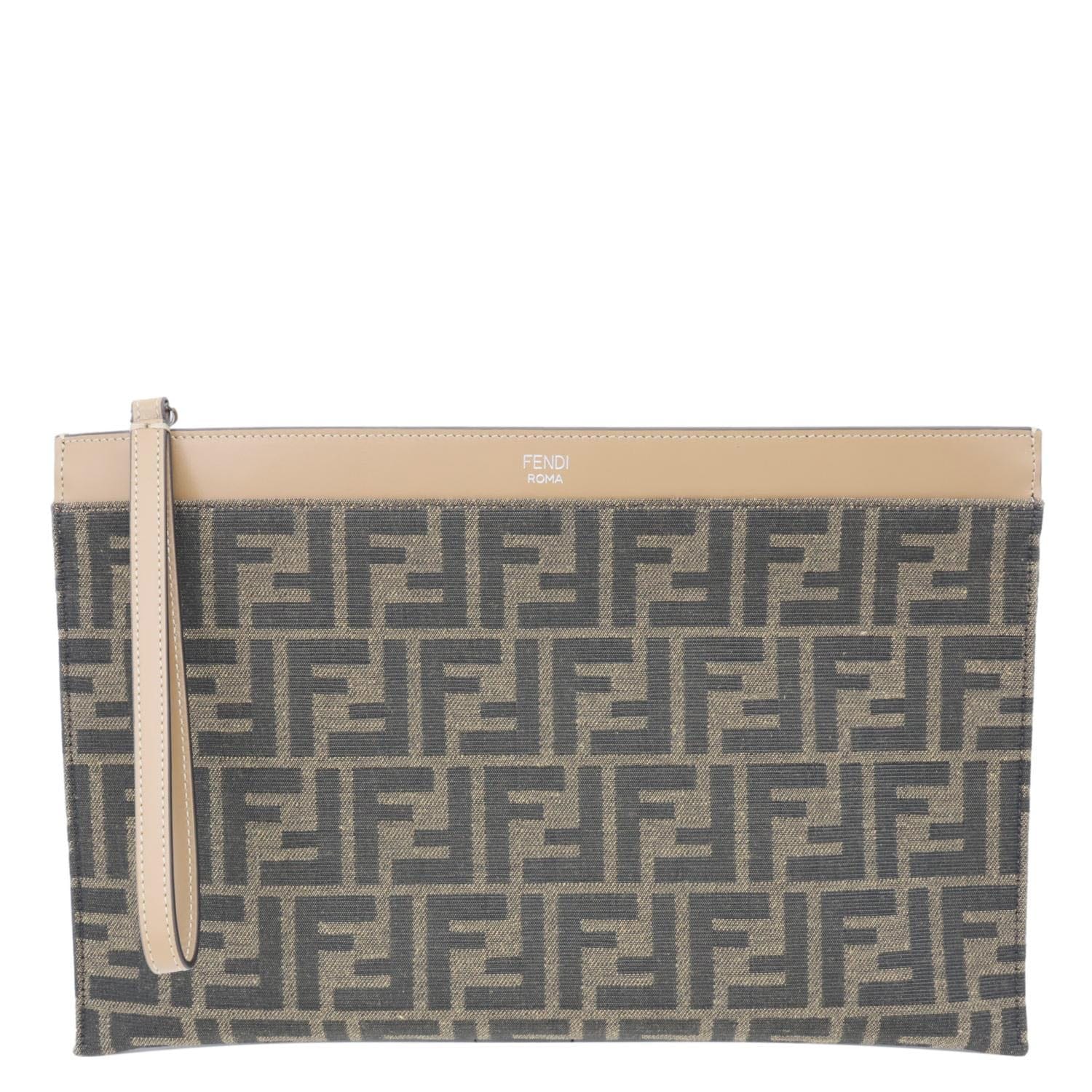 Fendi Flat Ff Jacquard Pouch Handbag Canvas Brown Medium Shoes