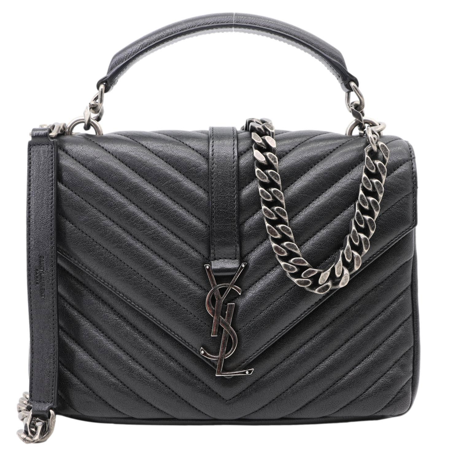 YSL Saint Laurent Yves College Chevron Crossbody Bag Leather Monogram Black