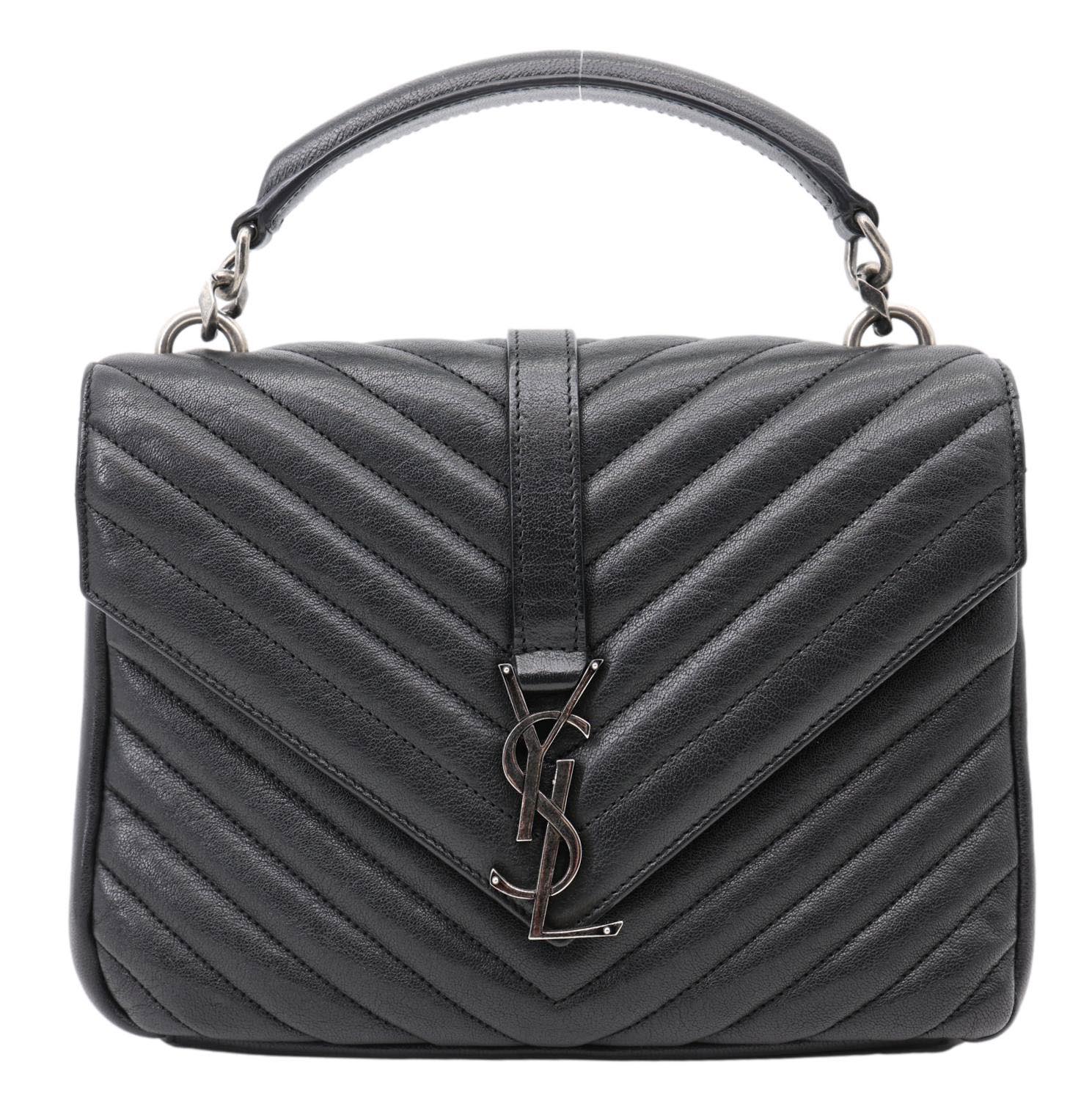 YSL Saint Laurent Yves College Chevron Crossbody Bag Leather Monogram Black