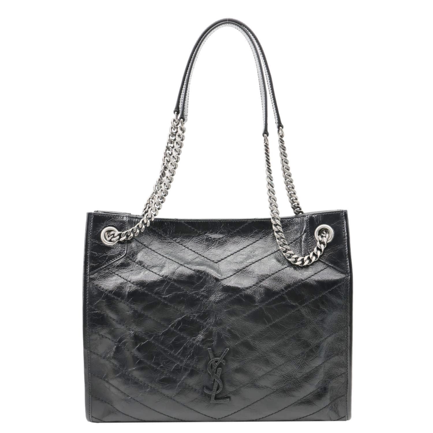 YSL Saint Laurent Yves Niki Crinkled Shopping Tote Bag Leather Black Medium