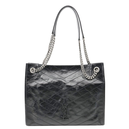 YSL Saint Laurent Yves Niki Crinkled Shopping Tote Bag Leather Black Medium