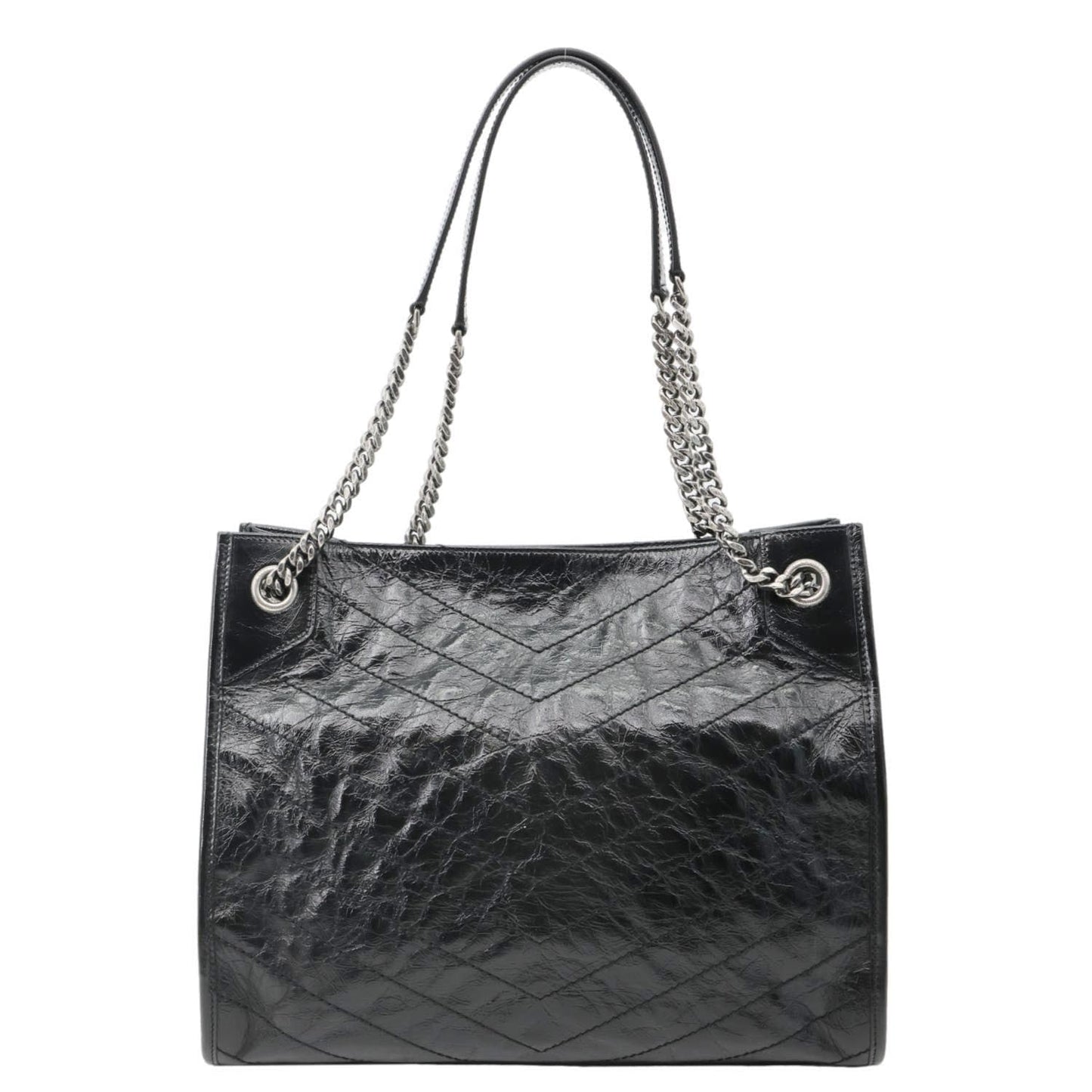 YSL Saint Laurent Yves Niki Crinkled Shopping Tote Bag Leather Black Medium