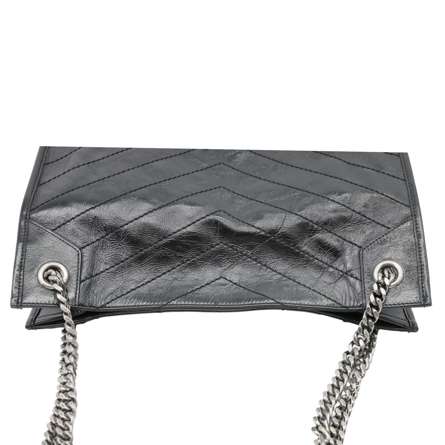 YSL Saint Laurent Yves Niki Crinkled Shopping Tote Bag Leather Black Medium