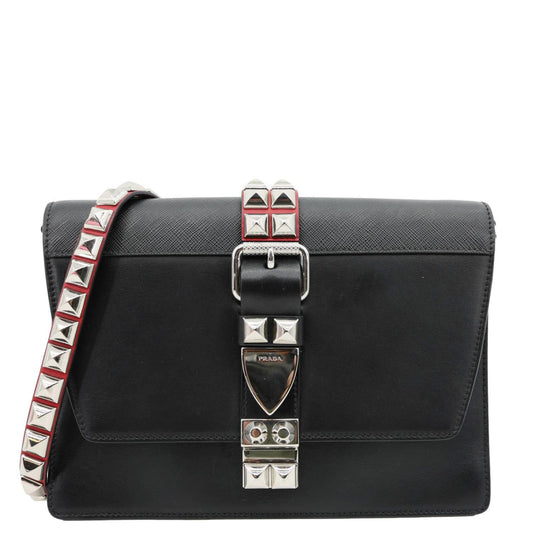 Prada Crossbody Bag Studded Elektra Leather Saffiano Black