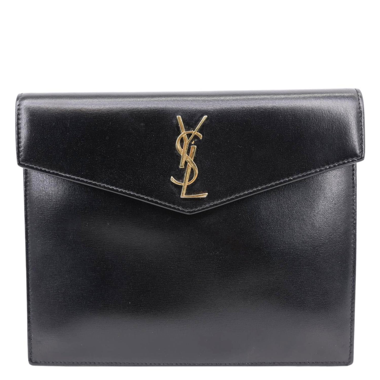 YSL Saint Laurent Yves Uptown Envelope Smooth Shiny Calfskin Pouch Handbag Leather Black Travel Bag