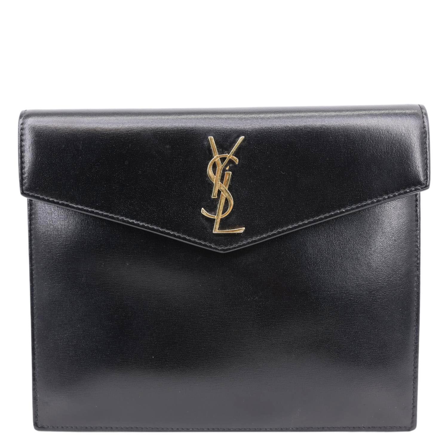YSL Saint Laurent Yves Uptown Envelope Smooth Shiny Calfskin Pouch Handbag Leather Black Travel Bag