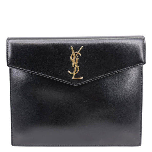 YSL Saint Laurent Yves Uptown Envelope Smooth Shiny Calfskin Pouch Handbag Leather Black Travel Bag