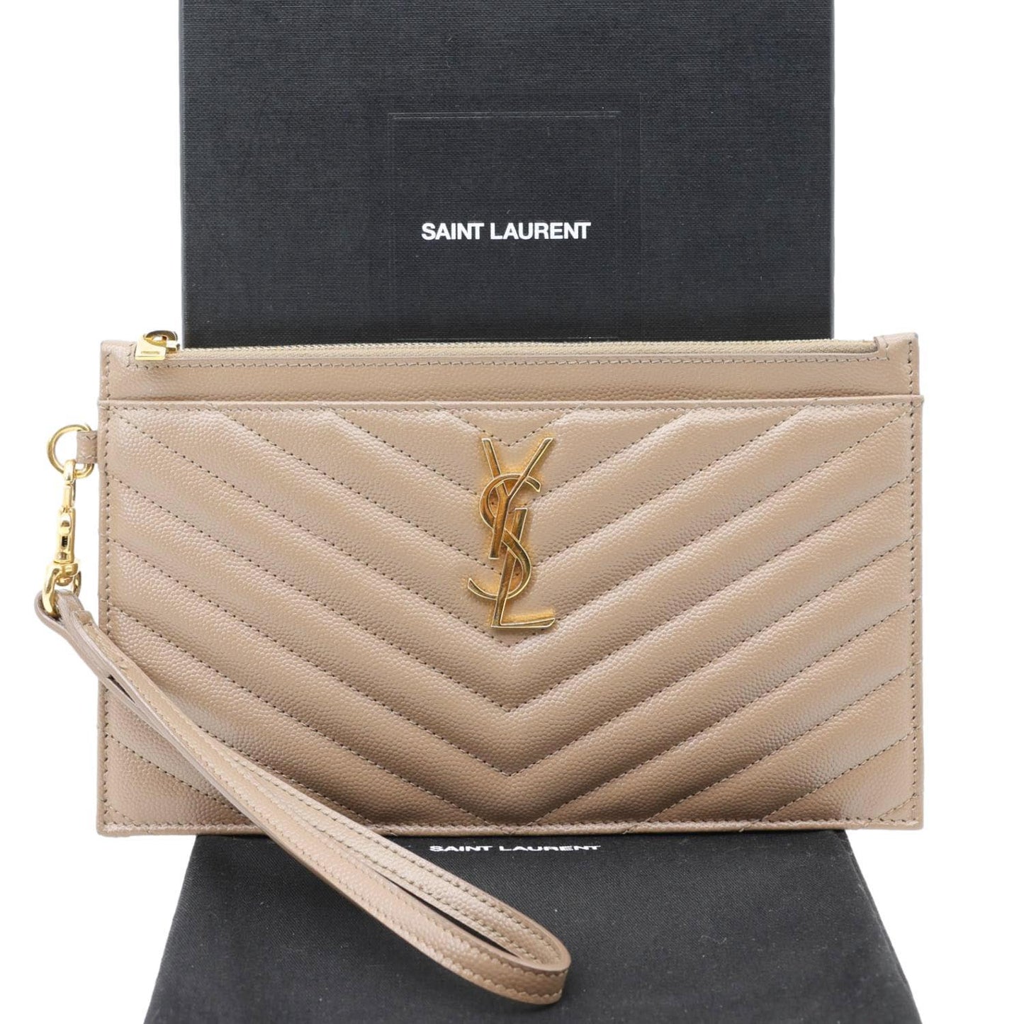 YSL Saint Laurent Yves Bill Grain De Poudre Pouch Handbag Monogram Beige Large Travel Bag