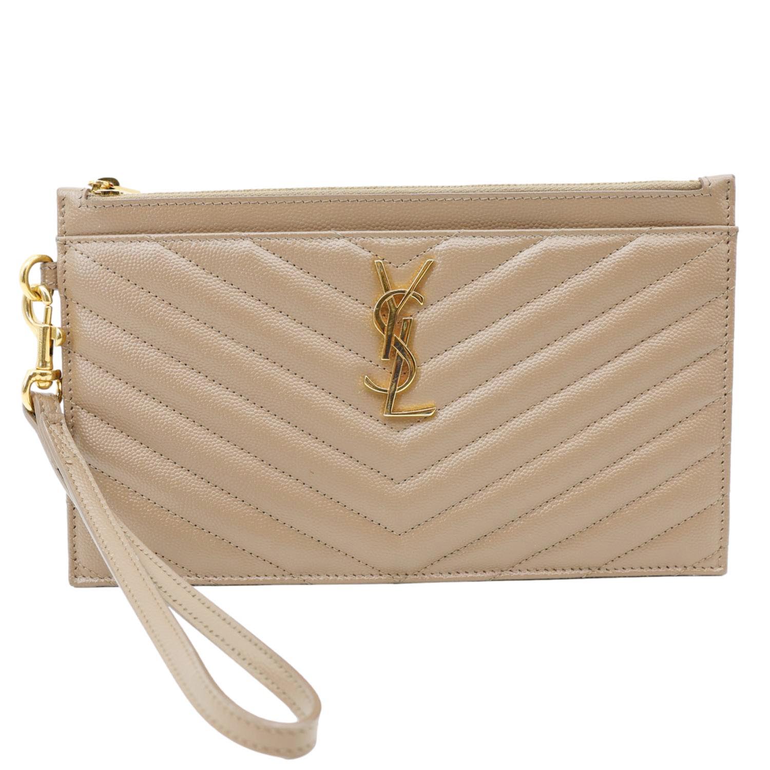YSL Saint Laurent Yves Bill Grain De Poudre Pouch Handbag Monogram Beige Large Travel Bag