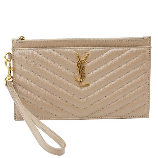YSL Saint Laurent Yves Bill Grain De Poudre Pouch Handbag Monogram Beige Large Travel Bag