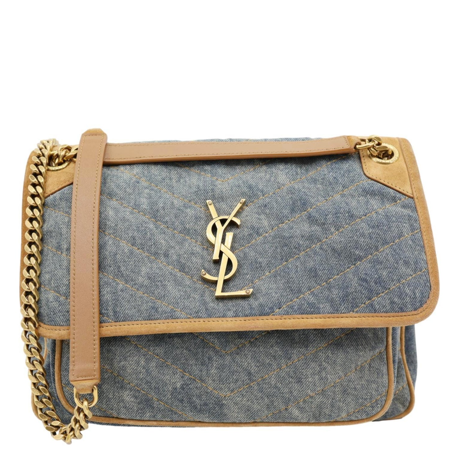 YSL Saint Laurent Yves Signature Niki Crossbody Bag Denim Blue Medium