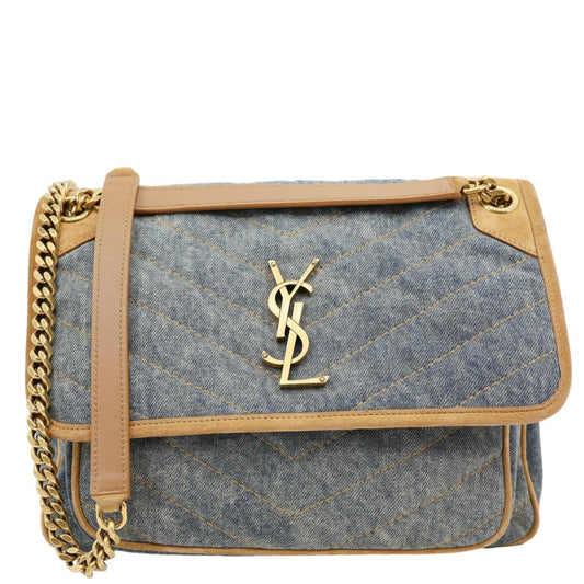YSL Saint Laurent Yves Signature Niki Crossbody Bag Denim Blue Medium