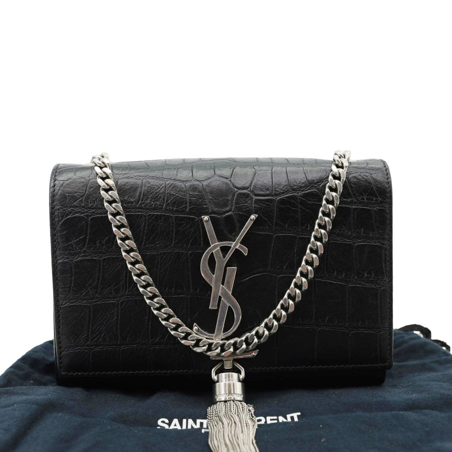 YSL Saint Laurent Yves Kate Tassel Crocodile Crossbody Bag Leather Black Embossed
