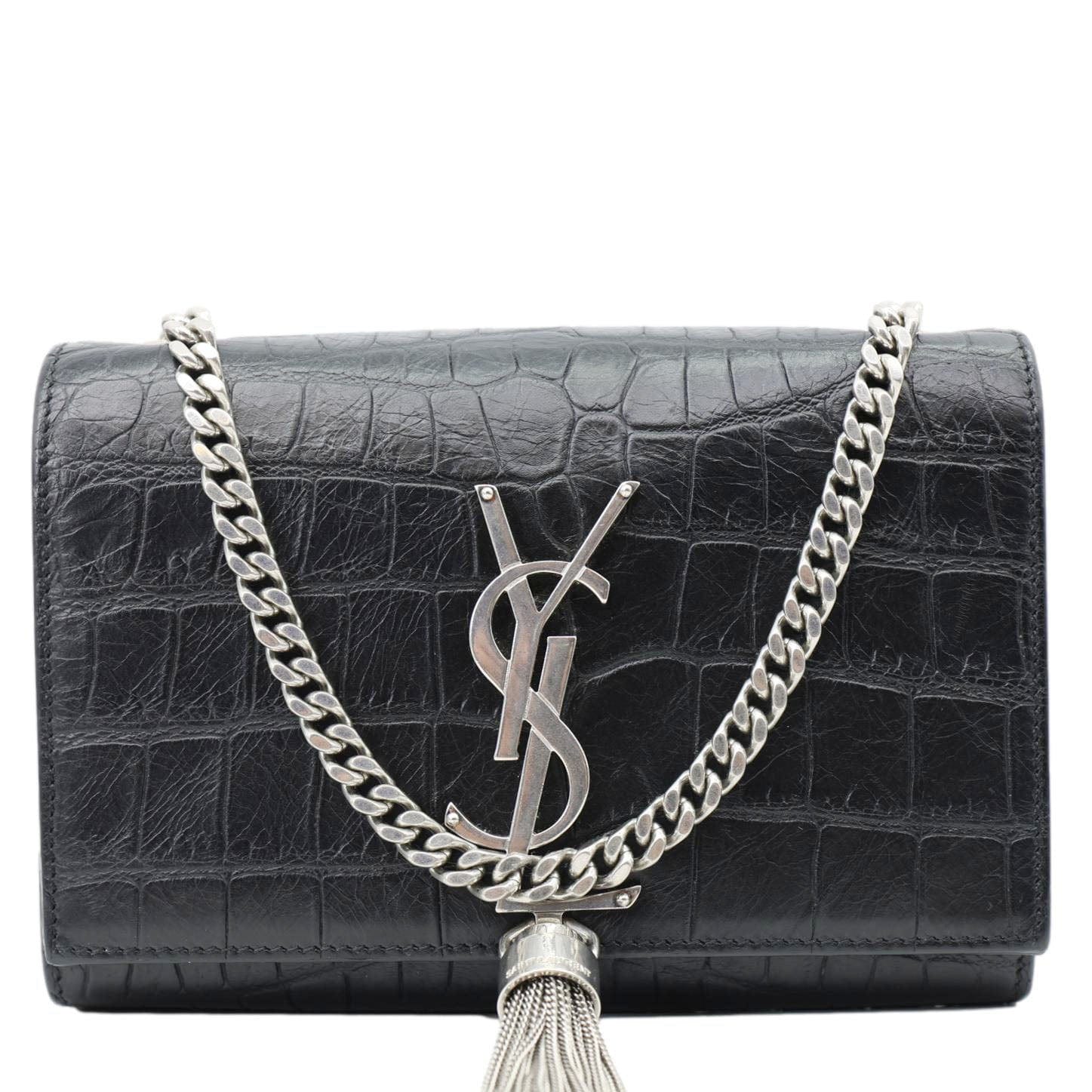 YSL Saint Laurent Yves Kate Tassel Crocodile Crossbody Bag Leather Black Embossed