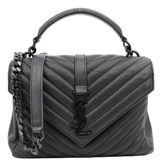 YSL Saint Laurent Yves College Classic Chevron Shoulder Bag Leather Black Medium