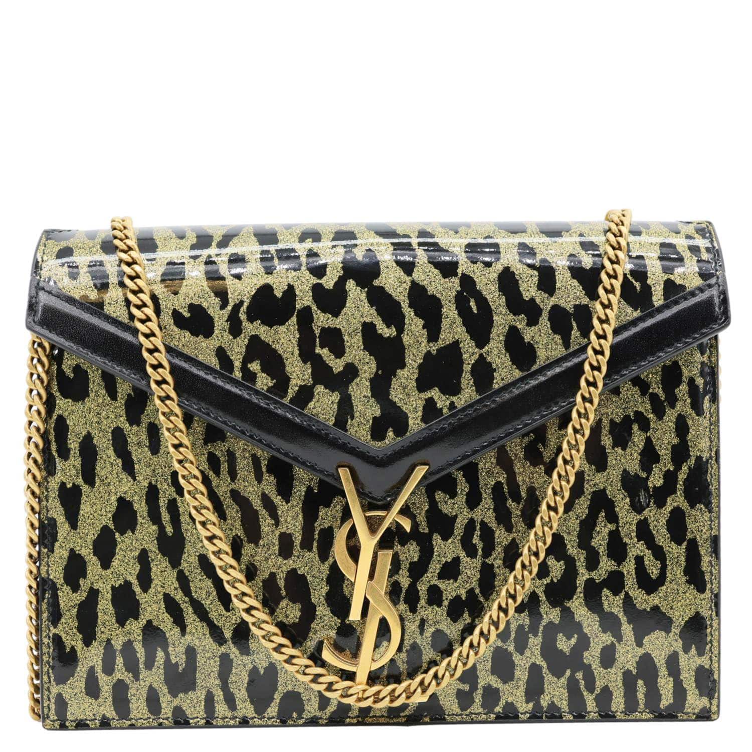 YSL Saint Laurent Yves Cassandre Envelope Leopard Print Wallet Bag Leather Gold Chain Travel Bag