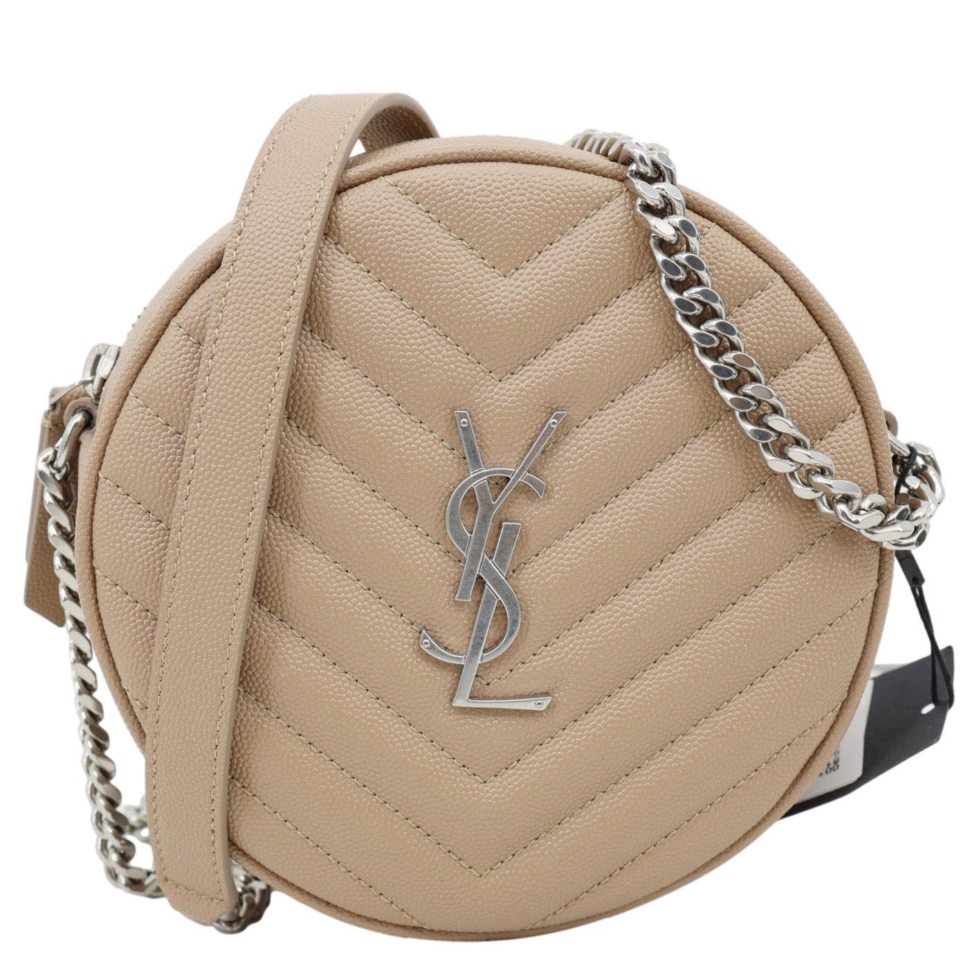 YSL Saint Laurent Yves Vinyle Round Chevron Camera Crossbody Bag Leather Beige