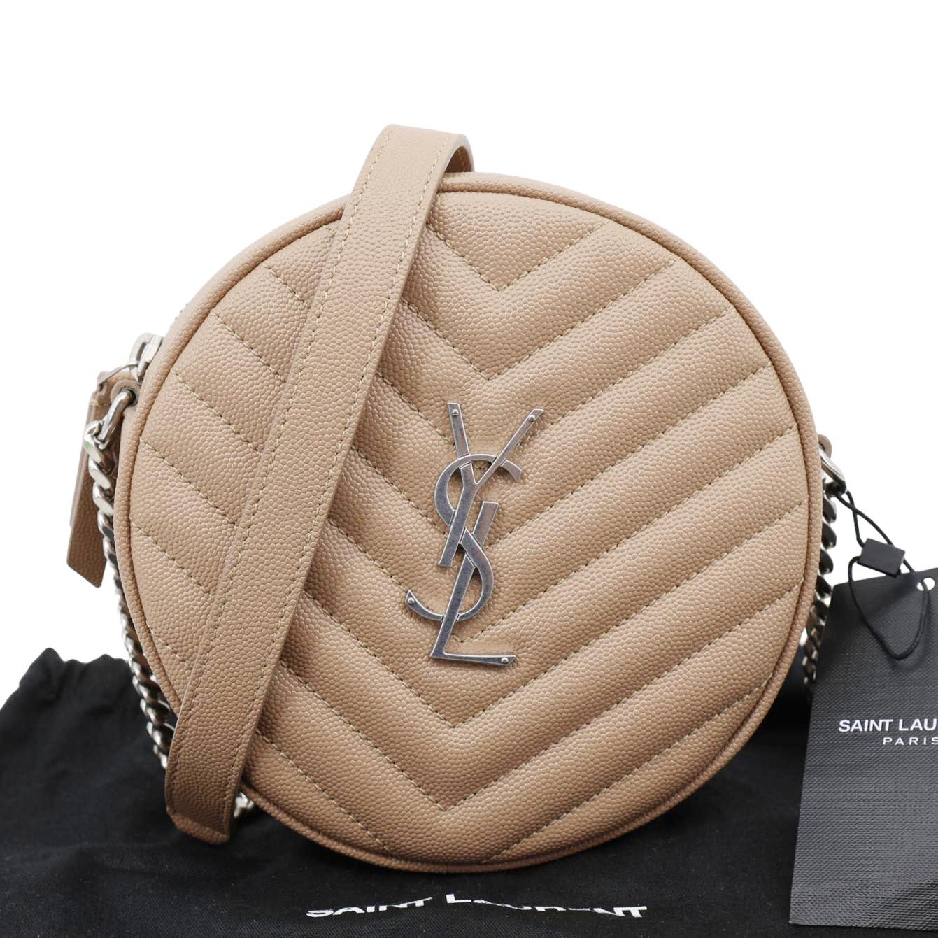 YSL Saint Laurent Yves Vinyle Round Chevron Camera Crossbody Bag Leather Beige