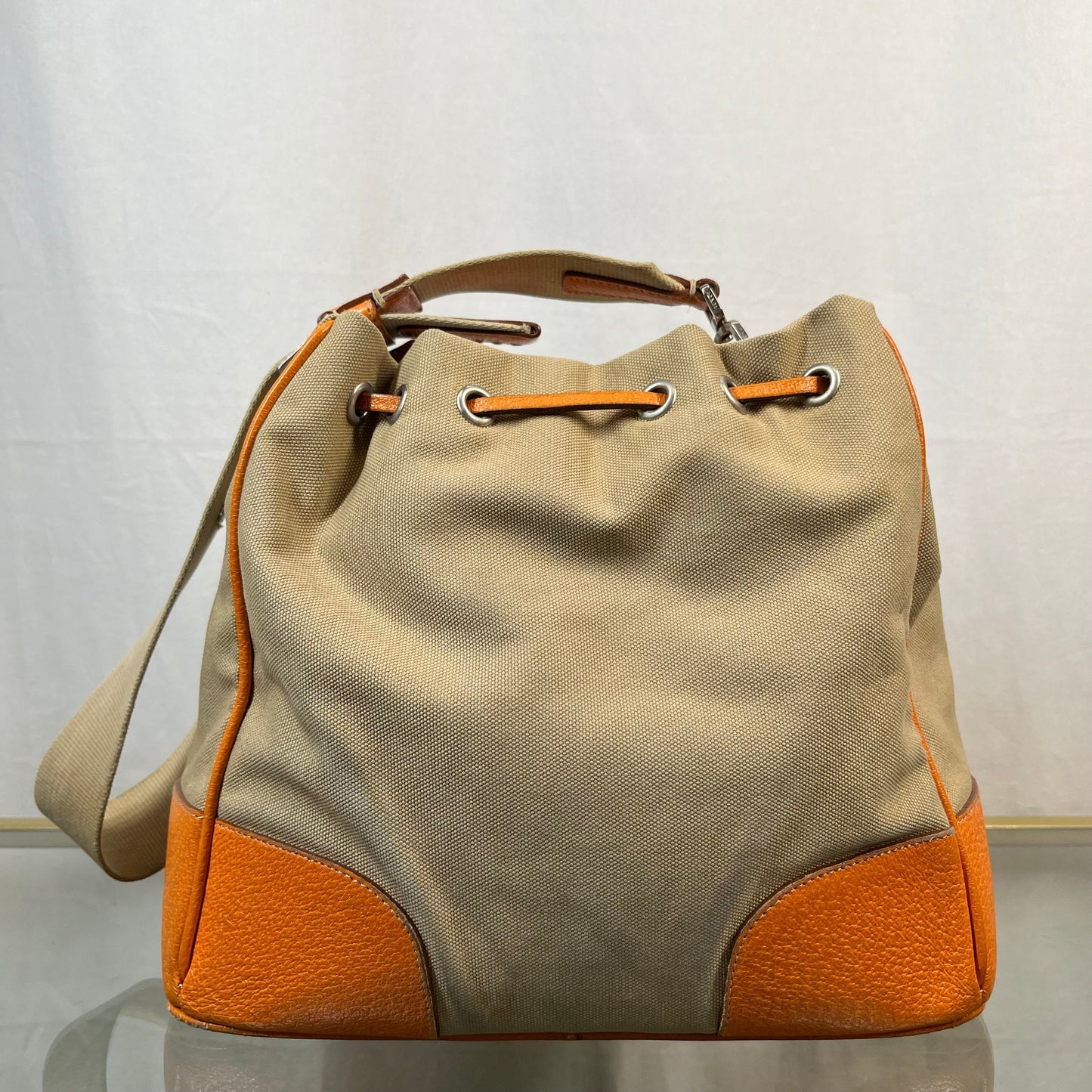 Prada Drawstring Bags Leather Canvas Orange Bucket Bag