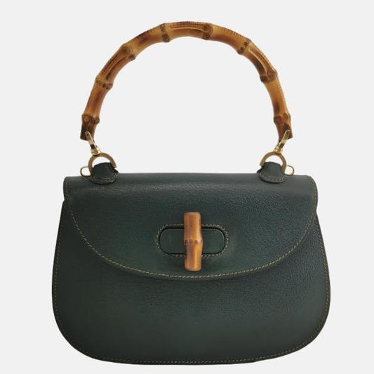 Gucci Bamboo Dark Leather Green Small Top Handle Travel Bag