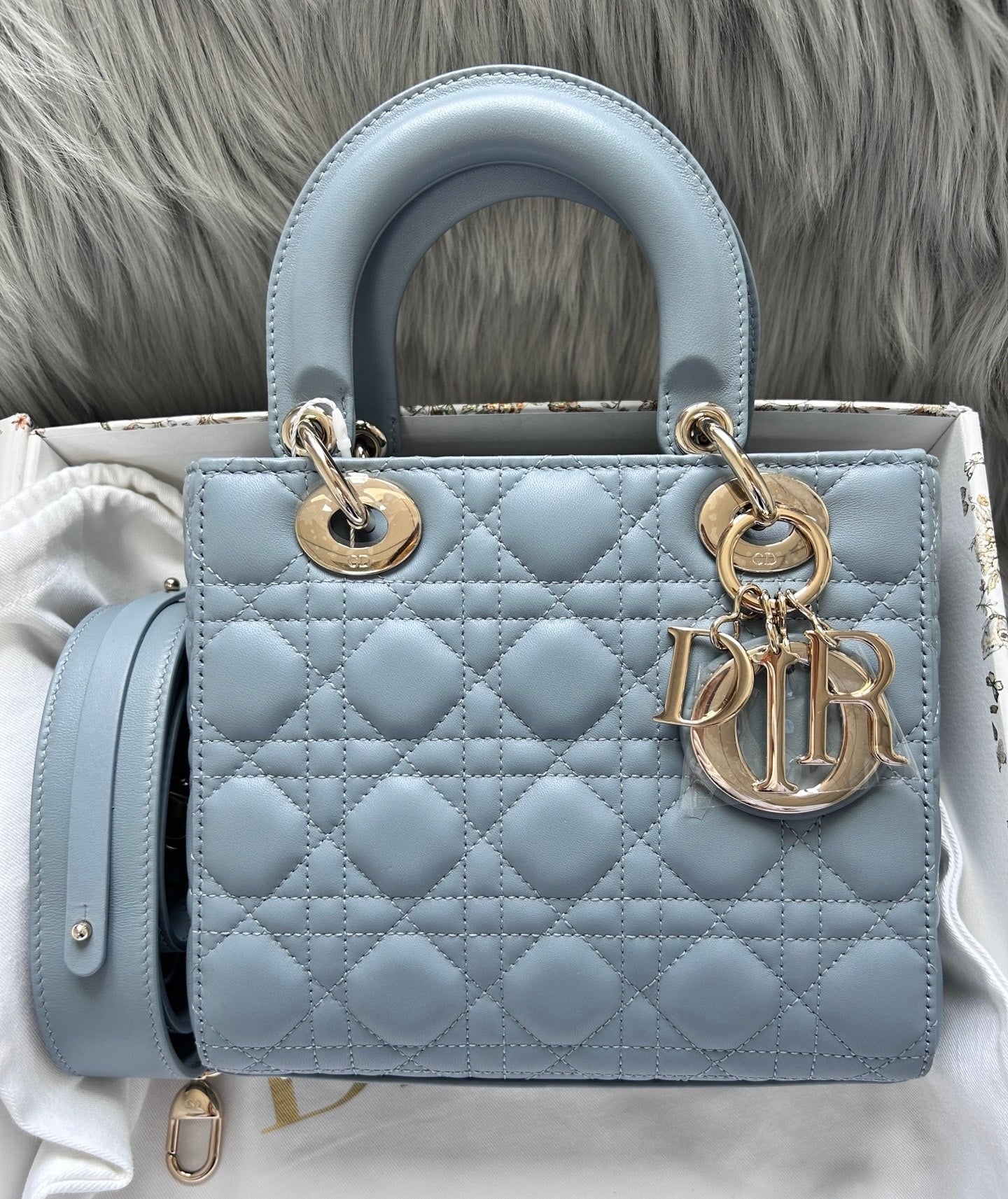 Dior Lady My Abc Pale Lambskin Cannage Handbag Leather Blue Travel Bag