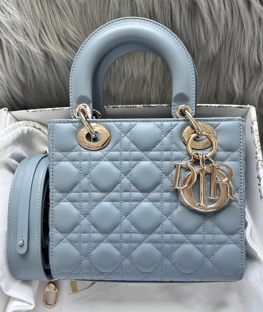 Dior Lady My Abc Pale Lambskin Cannage Handbag Leather Blue Travel Bag
