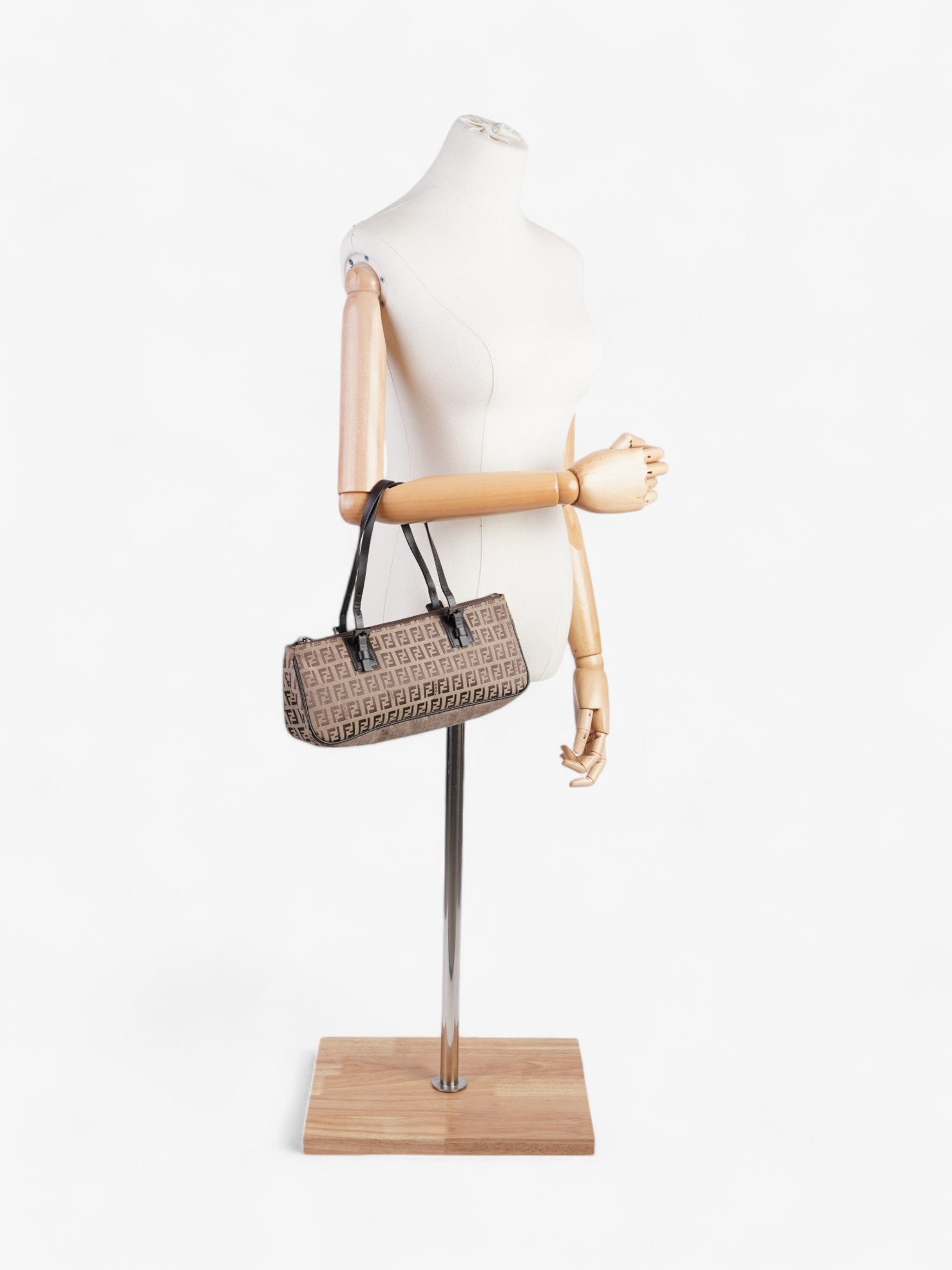 Fendi Zucchino East West Shoulder Bag Canvas Brown Beige