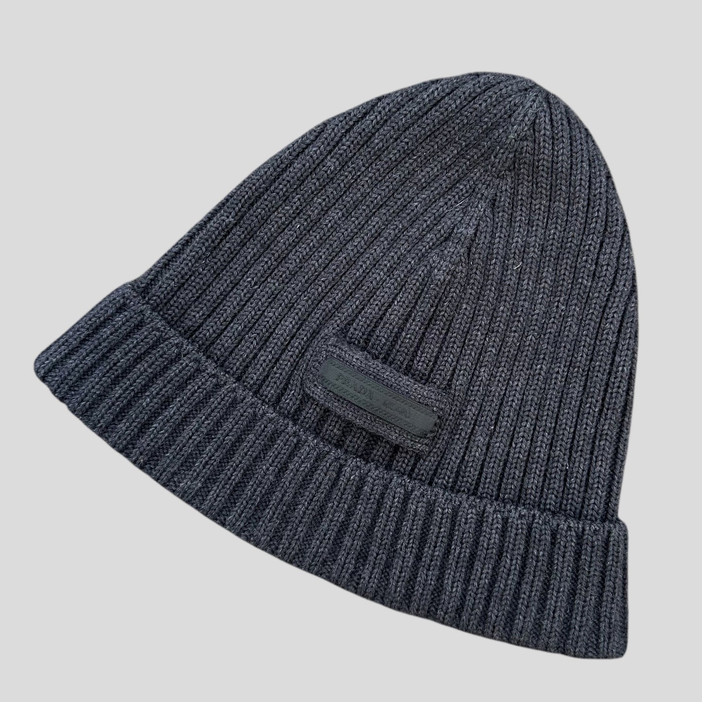 Prada Handbag Virgin Wool Ribbed Beanie - M Logo