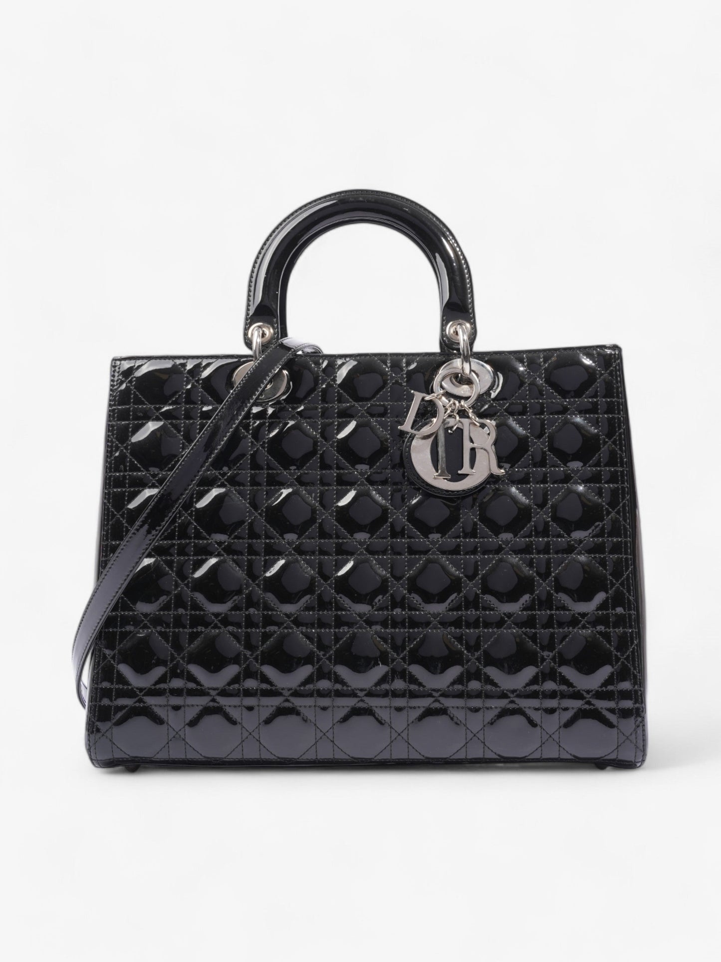 Dior Christian Lady Handbag Leather Patent Black Travel Bag Patent Leather Large