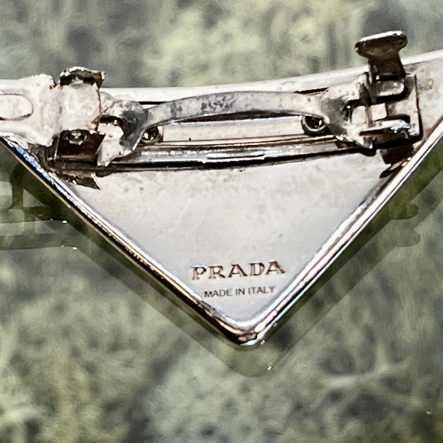 Prada Enamel Triangle Hair Clip Luxury Handbag Metal White Silver Travel Bag