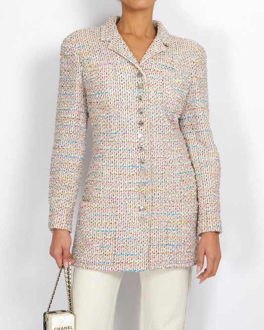 Chanel   96P Pink and Multi-Colour Tweed Long Jacket with Silver CC Logo Buttons Size FR 44 (UK 16)