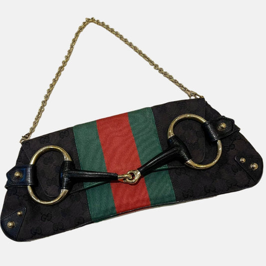 Gucci Horsebit Cloth Web Monogram Black Red Large Shoulder Bag