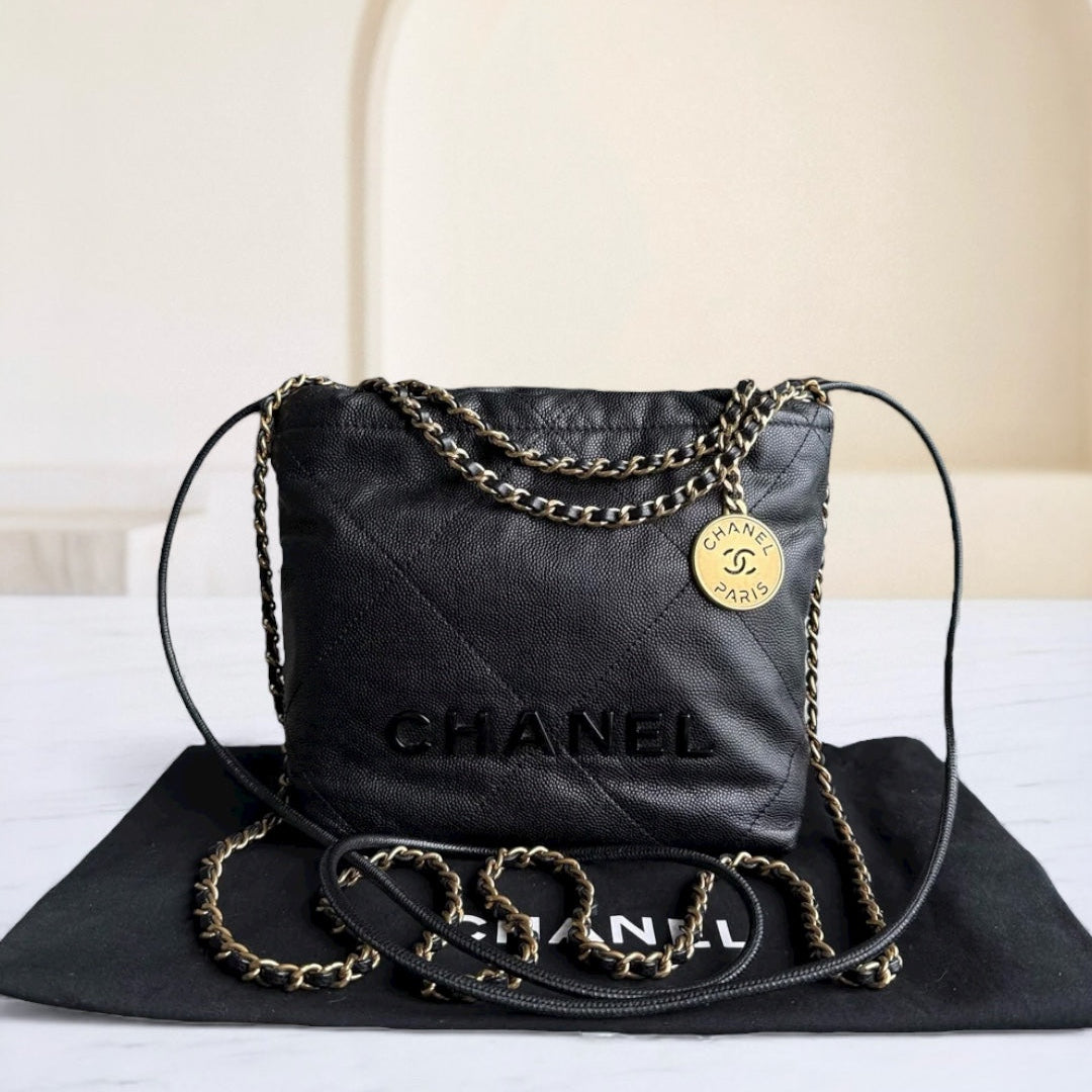 Chanel 22 Bag - Caviar Calfskin Crossbody Bag Quilted Gold