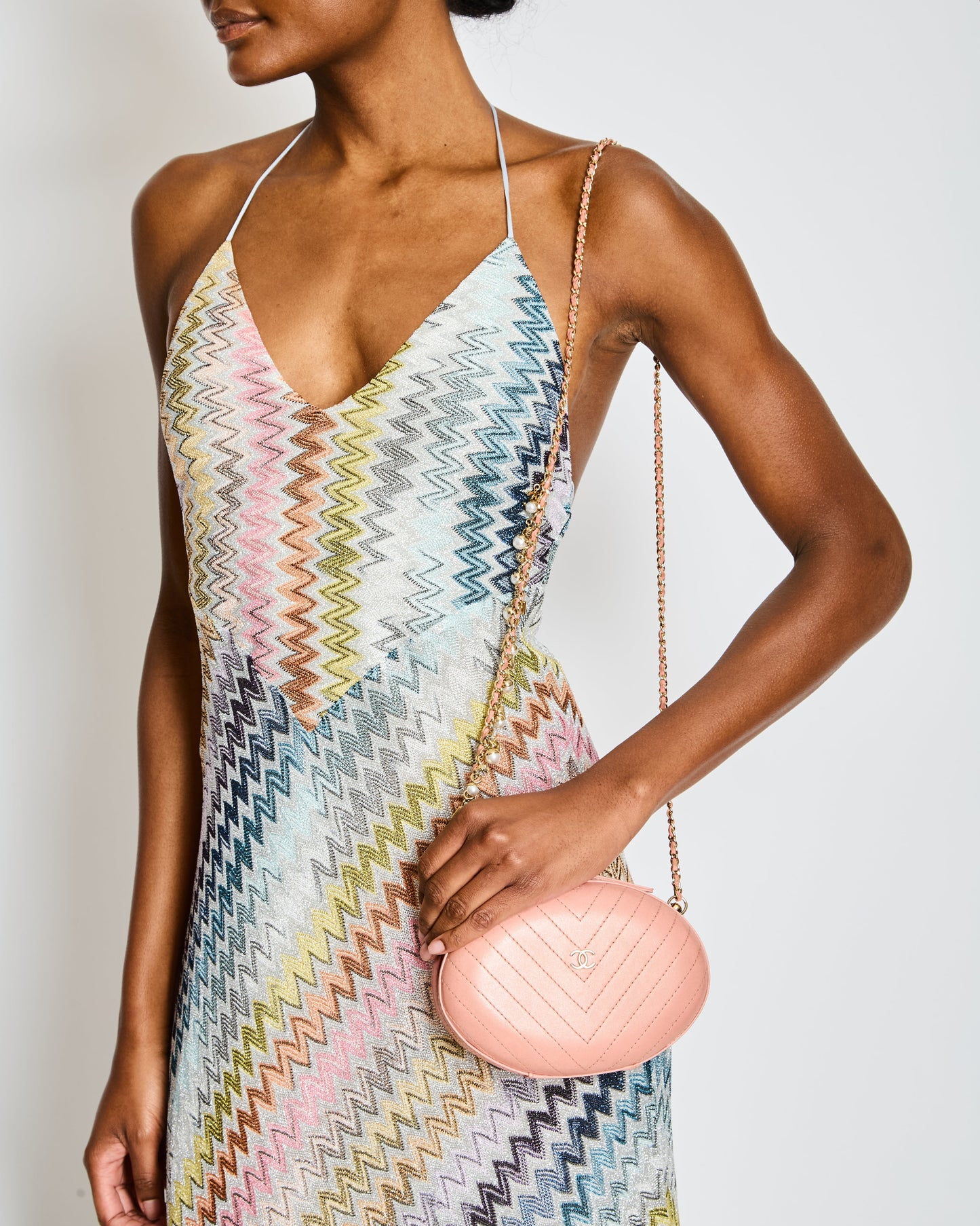 Chanel 2019 Pink Runway La Pausa Round Evening in Chevron with Gold Hardware and Charm Chain