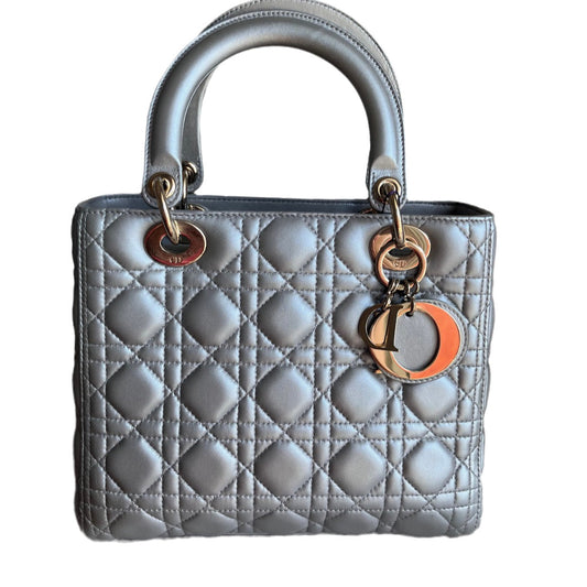 Dior Lady Pearlescent Grey Lambskin Cannage Handbag Leather Medium Travel Bag