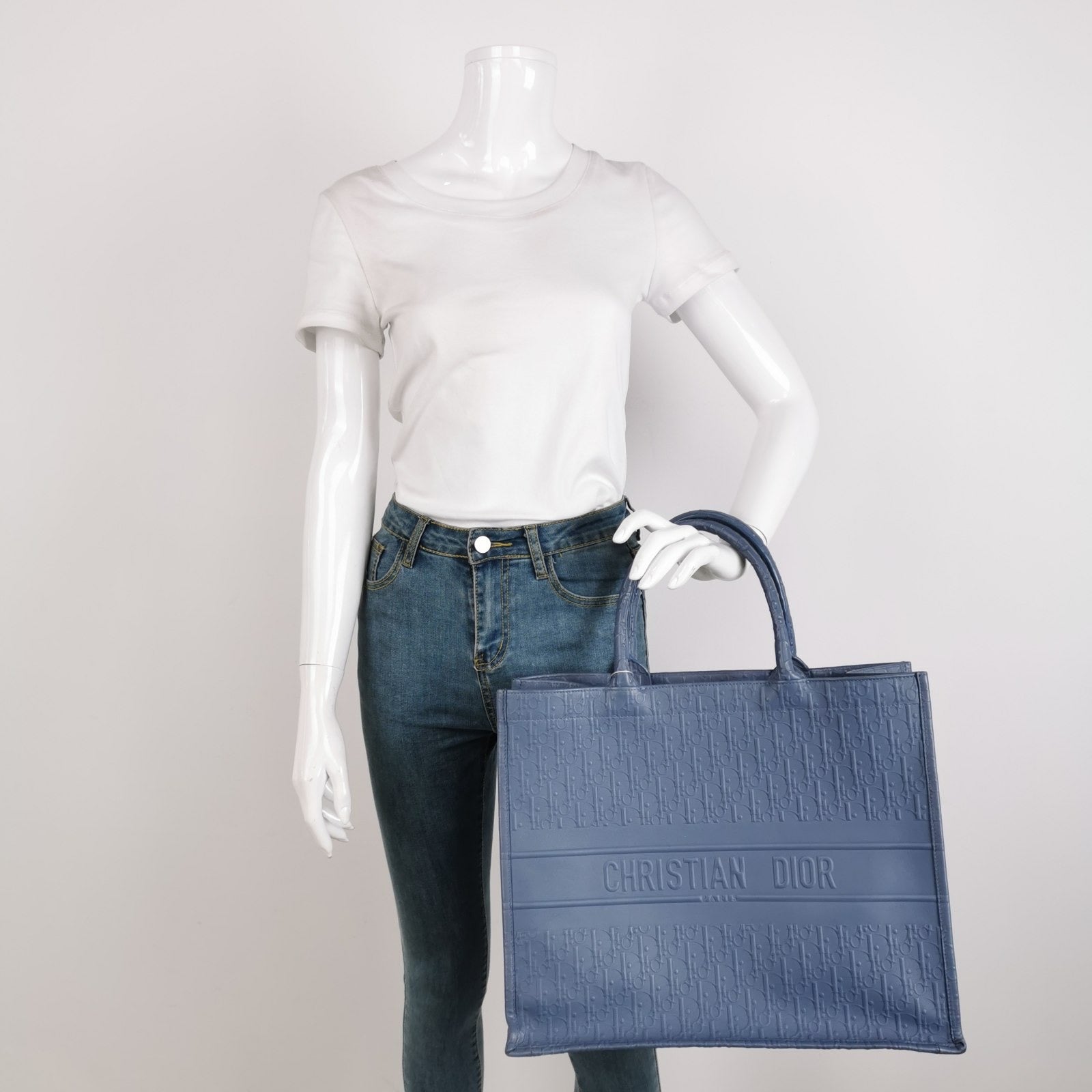 Dior Christian Book Tote Calfskin Oblique Embossed Handbag Leather Blue Tote Bag