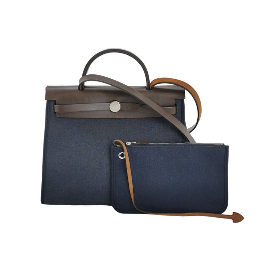 Hermes Herbag Navy Crossbody Bag Leather Canvas